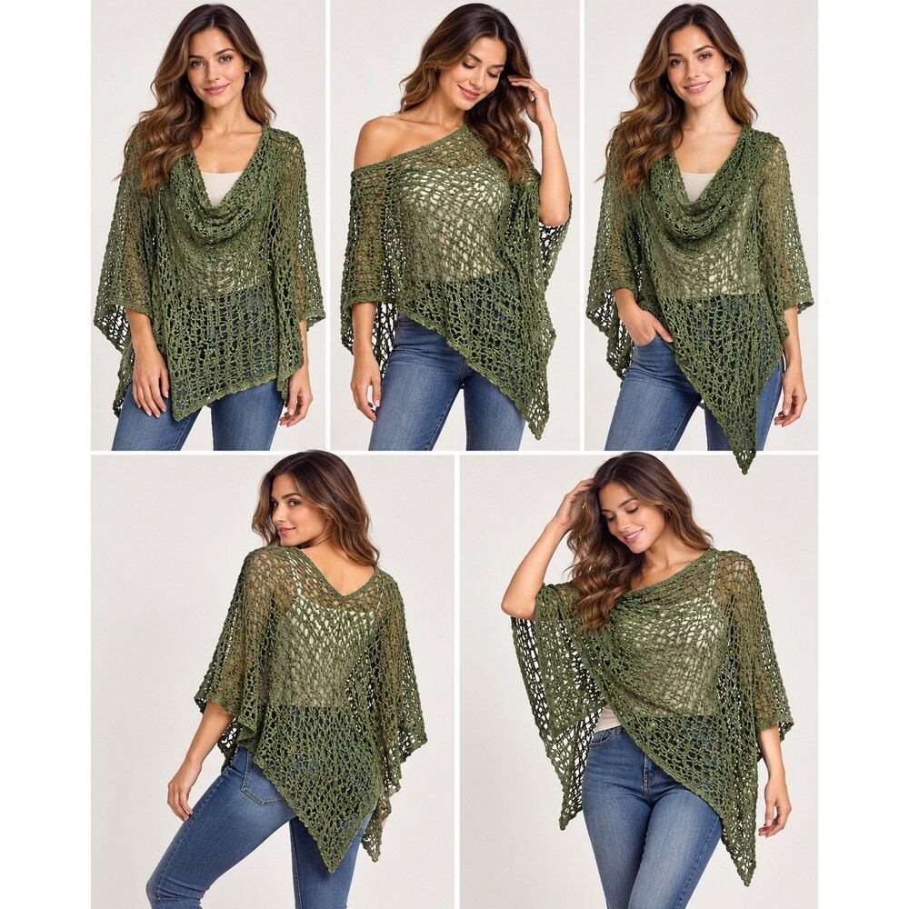 Lost River Clothing Company Women Green Popcorn Open-Knit Cowl Poncho One Size